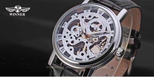 Men's skeleton dial leather strap mechanical watch
